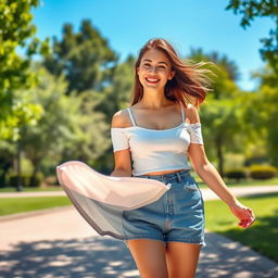 A woman in a park experiencing a playful breeze that lifts her short skirt