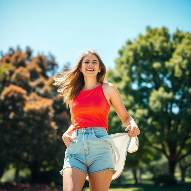 A woman in a park experiencing a playful breeze that lifts her short skirt