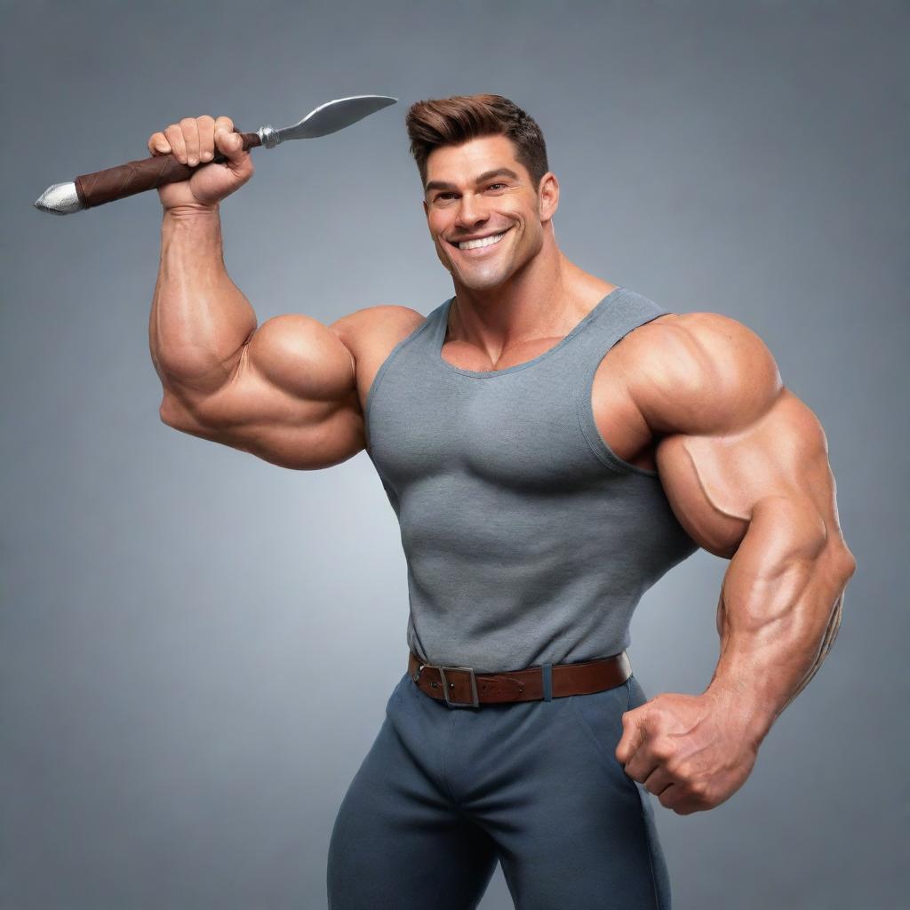 A strong, muscular clipart character with noticeable biceps and a charming smile, holding a large polished spoon in his hand à la hero brandishing a sword