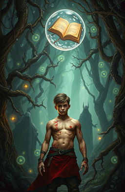 A fantasy book cover depicting a magical forest with dark and mysterious elements