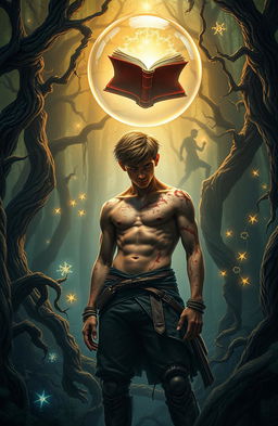 A fantasy book cover depicting a magical forest with dark and mysterious elements