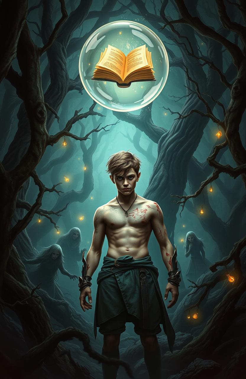 A fantasy book cover depicting a magical forest with dark and mysterious elements