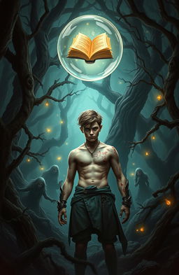 A fantasy book cover depicting a magical forest with dark and mysterious elements