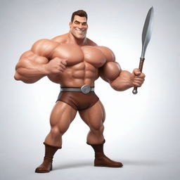 A strong, muscular clipart character with noticeable biceps and a charming smile, holding a large polished spoon in his hand à la hero brandishing a sword