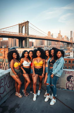 A diverse group of Afro-Latina and Latina girls on a rooftop, exuding confidence and camaraderie