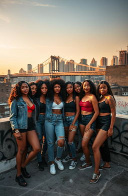 A diverse group of Afro-Latina and Latina girls on a rooftop, exuding confidence and camaraderie