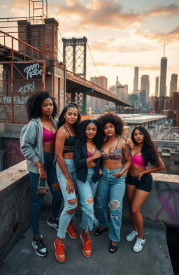 A diverse group of Afro-Latina and Latina girls on a rooftop, exuding confidence and camaraderie