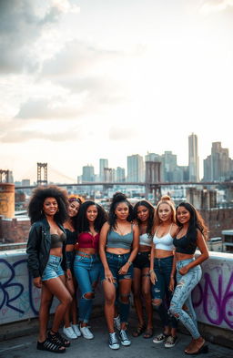 A diverse group of Afro-Latina and Latina girls on a rooftop, exuding confidence and camaraderie