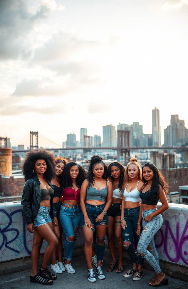 A diverse group of Afro-Latina and Latina girls on a rooftop, exuding confidence and camaraderie