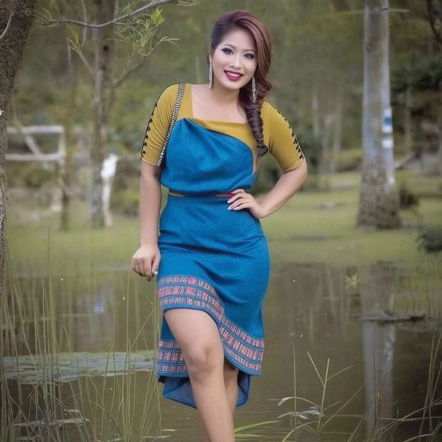 An elegant woman standing confidently in a serene natural setting, wearing a stylish traditional Assamese Mekhela Chadar with a combination of cream, golden, and red colors