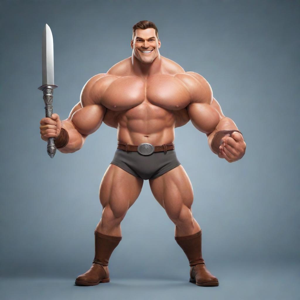 A strong, muscular clipart character with noticeable biceps and a charming smile, holding a large polished spoon in his hand à la hero brandishing a sword