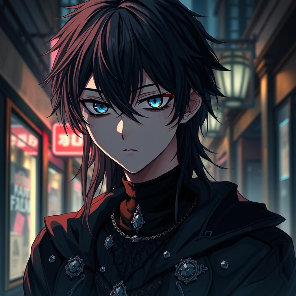 anime boy with a gothic and depressive aesthetic, featuring heterochromia iridis in his eyes