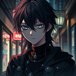 anime boy with a gothic and depressive aesthetic, featuring heterochromia iridis in his eyes