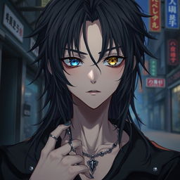 anime boy with a gothic and depressive aesthetic, featuring heterochromia iridis in his eyes