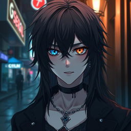 anime boy with a gothic and depressive aesthetic, featuring heterochromia iridis in his eyes