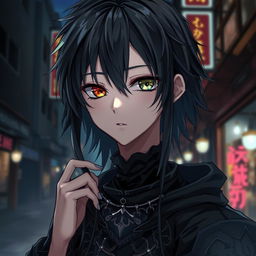 anime boy with a gothic and depressive aesthetic, featuring heterochromia iridis in his eyes