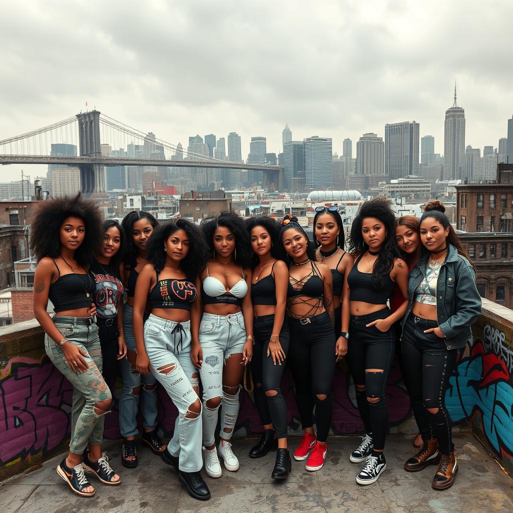 A diverse group of Afro-Latina and Latina girls on a rooftop, exuding confidence and camaraderie