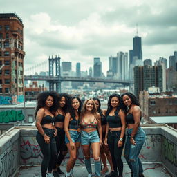 A diverse group of Afro-Latina and Latina girls on a rooftop, exuding confidence and camaraderie