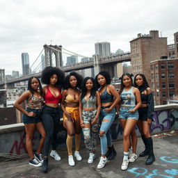 A diverse group of Afro-Latina and Latina girls on a rooftop, exuding confidence and camaraderie