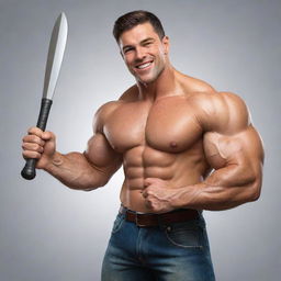 A strong, muscular clipart character with noticeable biceps and a charming smile, holding a large polished spoon in his hand à la hero brandishing a sword