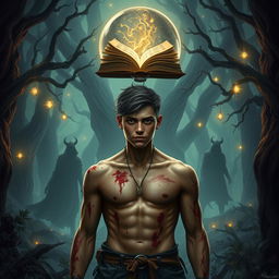 A fantasy book cover set in a magical forest with dark, mystical elements