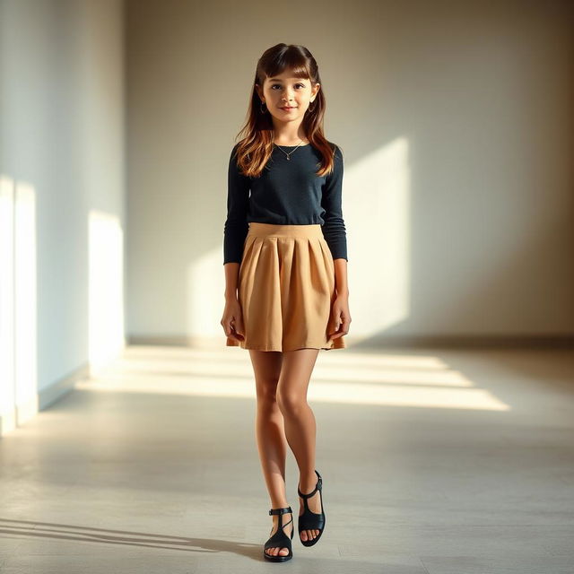 A full-length view of a stylish girl wearing a chic skirt, standing gracefully in an elegant pose