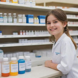 A young girl in a daydream scenario, standing behind a pharmacy counter filled with carefully labeled bottles, helping patients with a bright, compassionate smile.