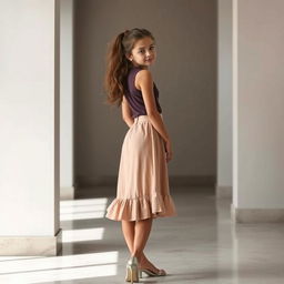 A full-length view of a stylish girl wearing a chic skirt, standing gracefully in an elegant pose