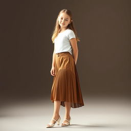 A full-length view of a stylish girl wearing a chic skirt, standing gracefully in an elegant pose