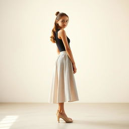 A full-length view of a stylish girl wearing a chic skirt, standing gracefully in an elegant pose