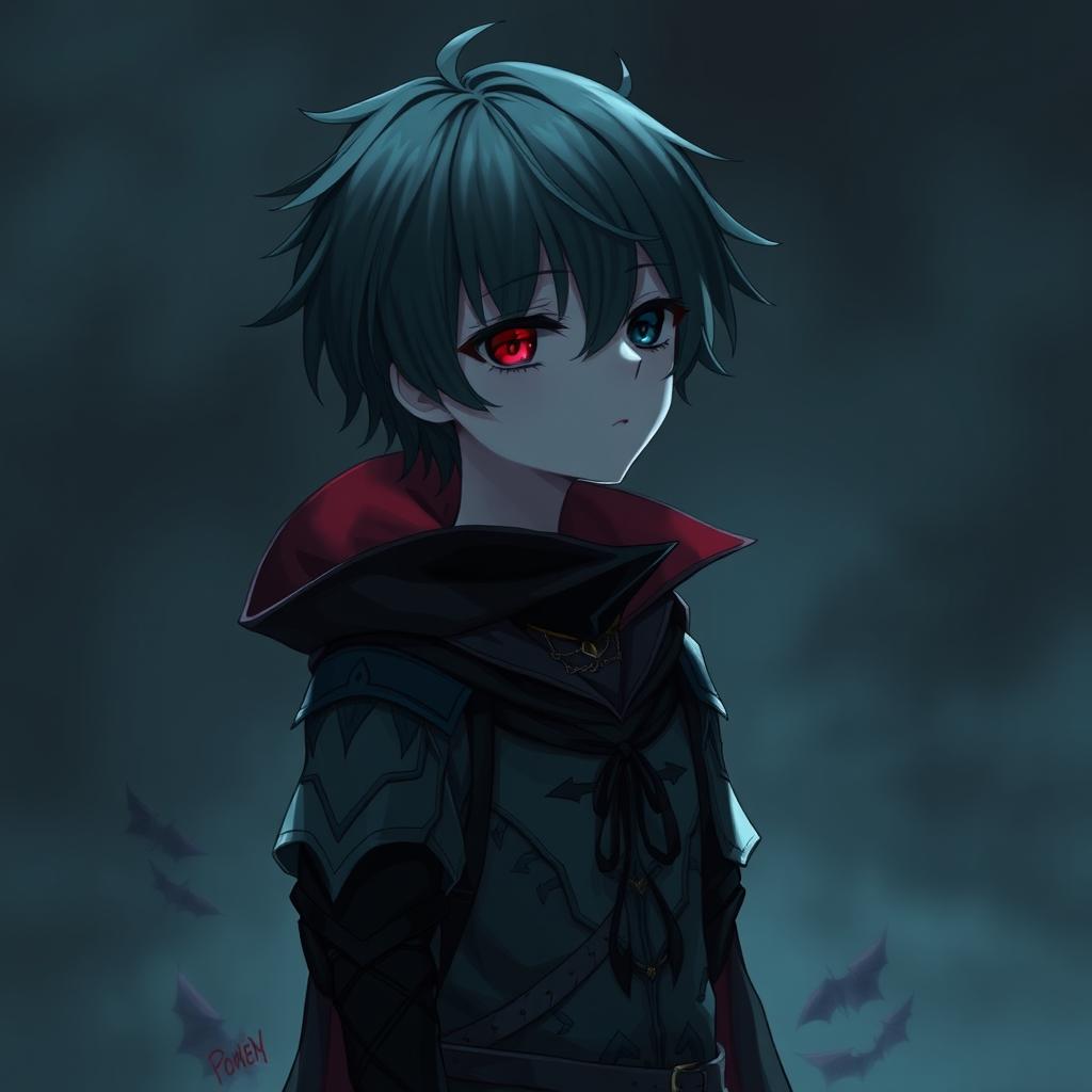 A gothic, depressed anime boy with one red eye and one black eye, featuring short hair and wearing a fantasy-inspired outfit