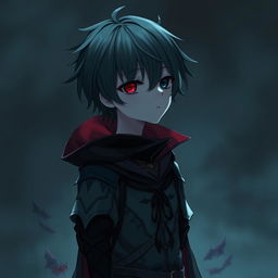 A gothic, depressed anime boy with one red eye and one black eye, featuring short hair and wearing a fantasy-inspired outfit