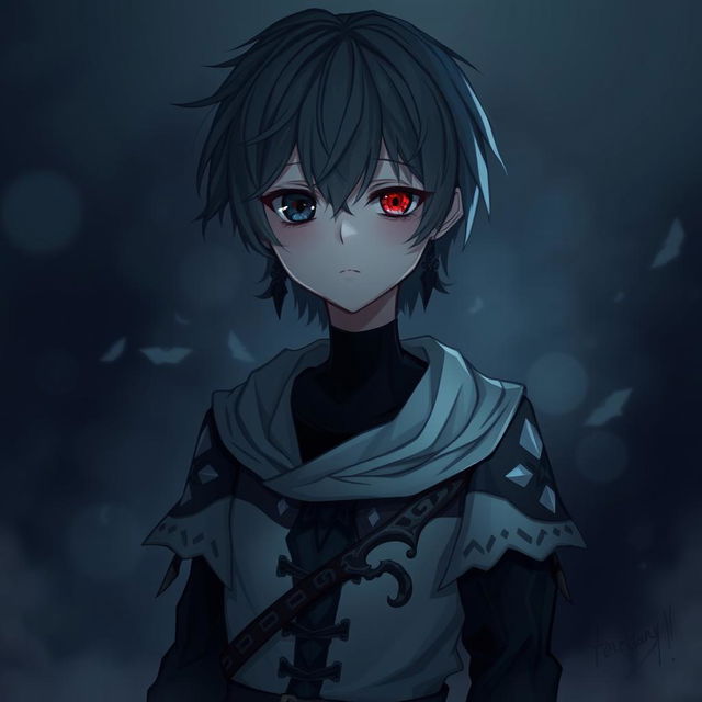 A gothic, depressed anime boy with one red eye and one black eye, featuring short hair and wearing a fantasy-inspired outfit