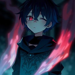 A gothic, depressed anime boy with one red eye and one black eye, featuring short hair and wearing a fantasy-inspired outfit