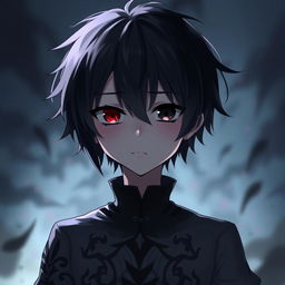 A gothic, depressed anime boy with one red eye and one black eye, featuring short hair and wearing a fantasy-inspired outfit