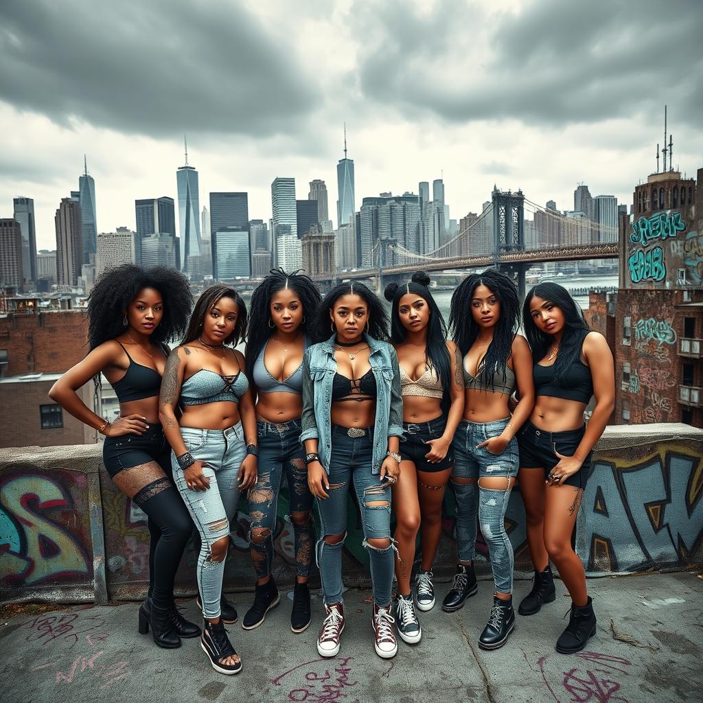 A dynamic group of Afro-Latina and Latina girls on a rooftop, exuding a tough, confident gang presence