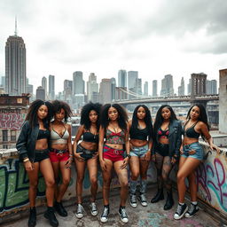 A dynamic group of Afro-Latina and Latina girls on a rooftop, exuding a tough, confident gang presence