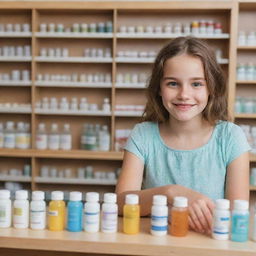 A young girl in a daydream scenario, standing behind a pharmacy counter filled with carefully labeled bottles, helping patients with a bright, compassionate smile.