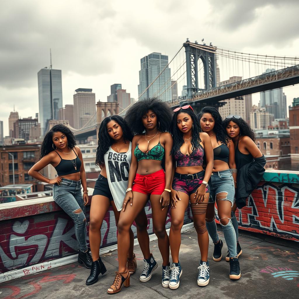 A dynamic group of Afro-Latina and Latina girls on a rooftop, exuding a tough, confident gang presence