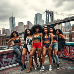 A dynamic group of Afro-Latina and Latina girls on a rooftop, exuding a tough, confident gang presence