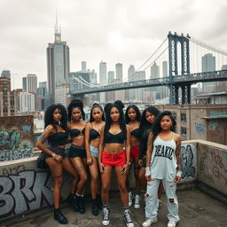 A dynamic group of Afro-Latina and Latina girls on a rooftop, exuding a tough, confident gang presence