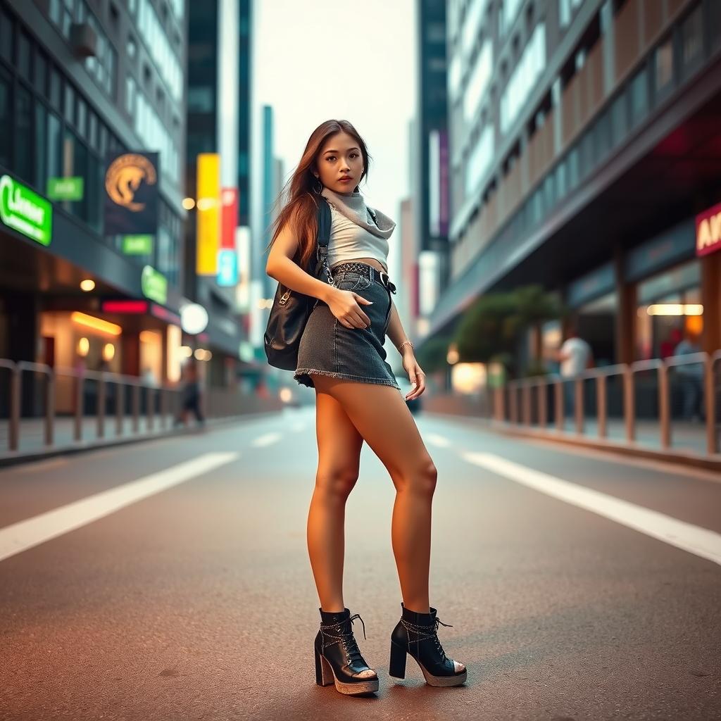 A full-length view of a stylish young woman wearing a short, fashionable skirt