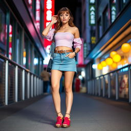 A full-length view of a stylish young woman wearing a short, fashionable skirt