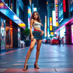 A full-length view of a stylish young woman wearing a short, fashionable skirt