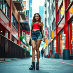 A full-length view of a stylish young woman wearing a short, fashionable skirt