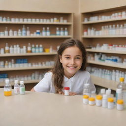 A young girl in a daydream scenario, standing behind a pharmacy counter filled with carefully labeled bottles, helping patients with a bright, compassionate smile.