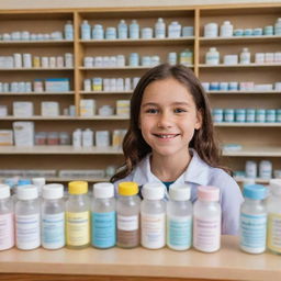 A young girl in a daydream scenario, standing behind a pharmacy counter filled with carefully labeled bottles, helping patients with a bright, compassionate smile.