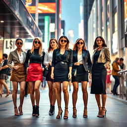 A full-length view of elegant women each wearing a chic short skirt, standing together in a fashionable and modern urban setting