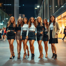 A full-length view of elegant women each wearing a chic short skirt, standing together in a fashionable and modern urban setting