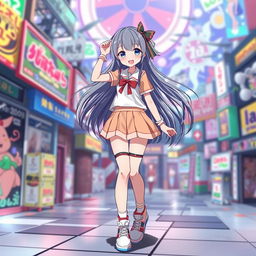 A full-length anime girl character with a cute and stylish appearance, wearing a short skirt that highlights her youthful and playful vibe